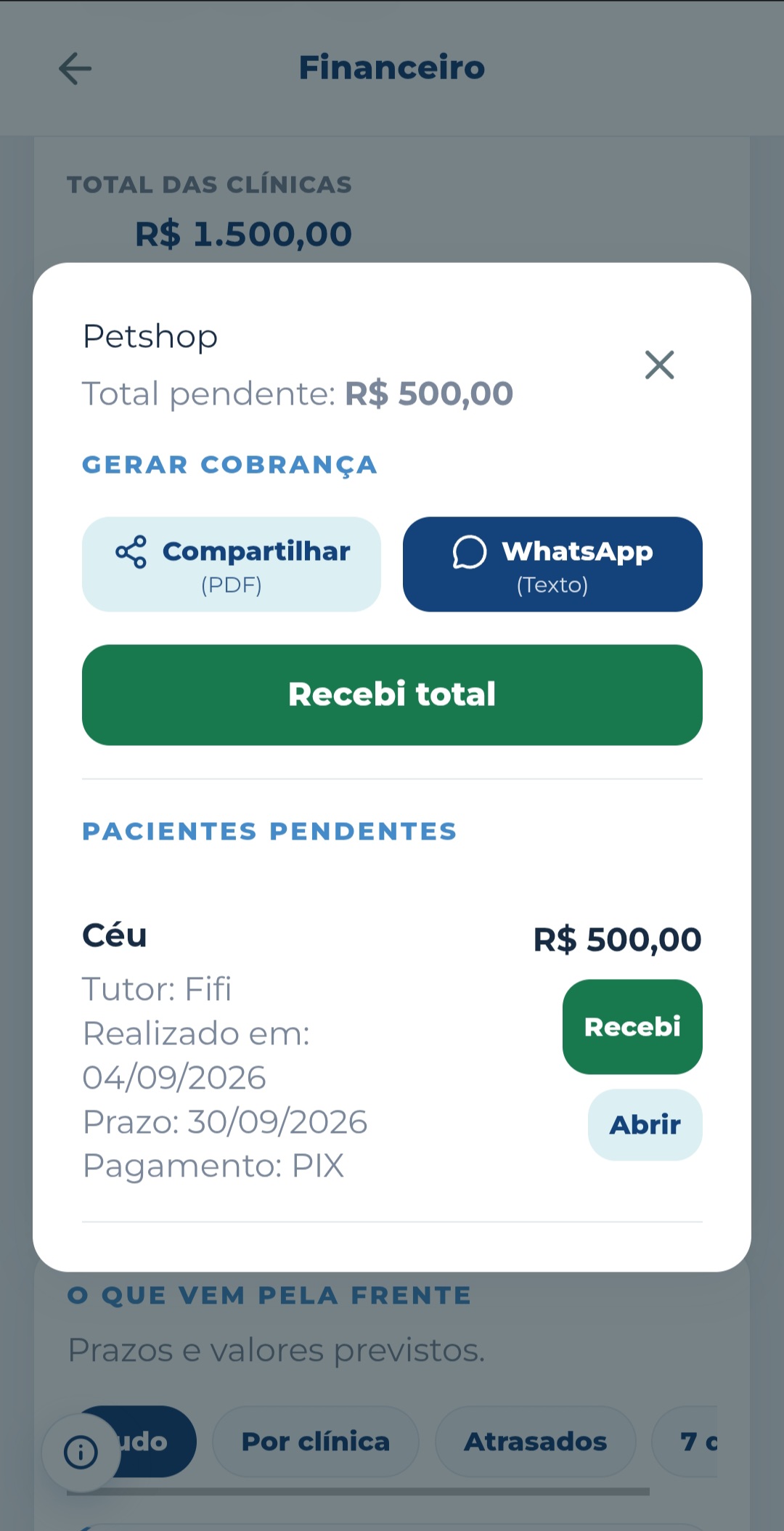 Tela da ANESTVET para gerar cobrança por clínica